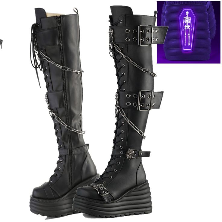 4 1/2" (114mm) Wedge Platform Lace-Up Front Thigh-High Boots 2 Double Grommet Buckle Straps W/ Metal Skull Knockers @ Center And 2 Lower Skull Buckle Straps, Skull Knockers On Outer Heel & Toe, Hanging Chain Detail, Inside Metal Zip Closure, Blacklight Reflective Back Coffin Demonia Women's Us Sizes Brand New Thigh High Goth Boots, Rocker Style Platform Boots For Halloween Concert, Halloween Rocker Platform Boots For Alternative Fashion, Rocker Platform Boots For Halloween, Punk Style Party Wedge Boots With Platform, Rocker Style Platform Boots For Halloween, Punk Style Platform Wedge Boots For Party, Punk Style Platform Boots For Night Out, Gothic Platform Boots With Metal Feet For Halloween