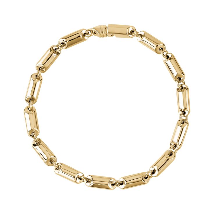 This solid link bracelet features full steel links 13mm x 5mm to create a modern yet timeless design. Perfect for stacking with other bracelets or wearing alone, its heavy weight ensures it stays securely in place. With simple yet sophisticated details, this bracelet will elevate any look. Modern Gold Bracelet With Box Chain, Modern Link Bracelets With Polished Finish, Chunky Stainless Steel Bracelet With Rectangular Links, Classic Chunky Chain Bracelet, Modern Link Bracelets With Extender, Modern Bracelets With Chunky Link Chain, Modern Link Chain Bracelet With Extender, Modern Link Bracelet With Extender, Classic Gold Chunky Link Bracelet