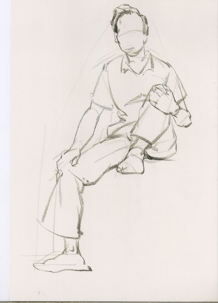 a drawing of a man sitting down with his hand on his knee and looking at the ground