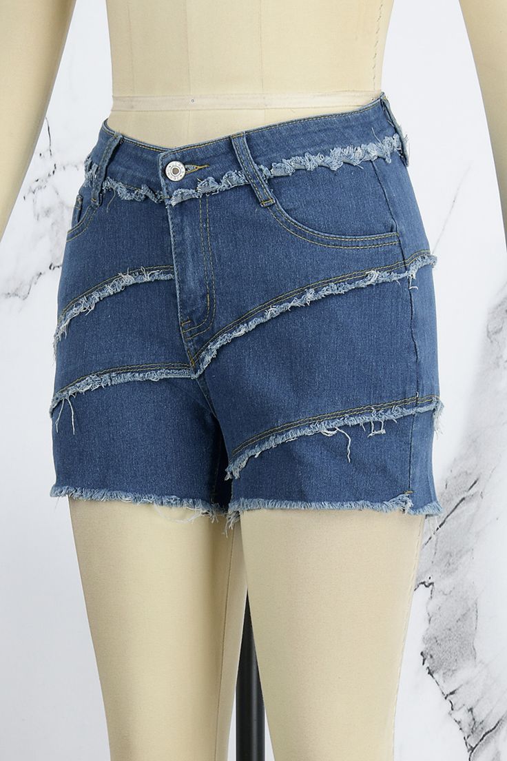 Blue Casual Solid Patchwork Mid Waist Skinny Denim Shorts