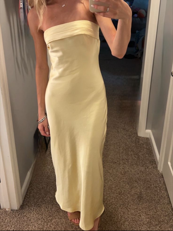 yellow low-back satin midi dress Silk Dress Yellow, Yellow Dance Dress, Classy Yellow Dress, Strapless Formal Dress Long, Pale Yellow Dress Formal, Pastel Yellow Dress Formal, Yellow Grad Dresses, Yellow Tube Dress, Silk Tube Dress