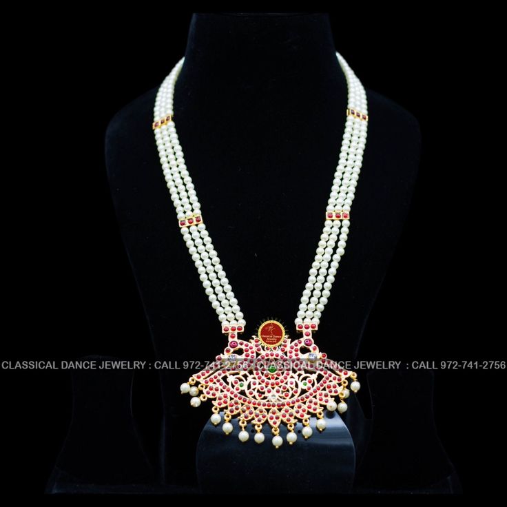 Original Design by Classical Dance Jewelry® ❥ Pearl Kempu Long Haram Chain is traditional and ethnic South Asian Indian Jewelry.  ❥ 4 lines Open Peacock Style Pendant Pearls Long Necklace. ❥ You Can wear this set for Bharatnatyam Kuchipudi Dance Performances, Engagement, Weddings, Birthdays, festivals, puja, Ammavaru Amman decorations, Durgamata Decoration ❥ Handmade Indian Traditional Item.  Set has variations please CHECKOUT Variants ☛  Long Necklace with earrings  ☛  Long Necklace without ear Temple Jewelry Style Saree With Zari Work For Rituals, Festive Meenakari Churidar Traditional Style, Festive Meenakari Churidar With Traditional Drape, Traditional Meenakari Churidar For Wedding, Traditional Drape Churidar With Dori Work For Puja, White Kundan Necklace With Cutdana For Rituals, White Kundan Necklace For Rituals, Bollywood Style Churidar With Cutdana For Puja, Festive Kundan Necklace With Zari Work