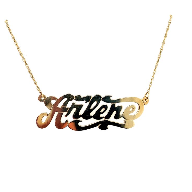 "Vintage 14K Yellow Gold \"Arlene\" Script Name Plate Necklace - The name measures 1.5\" wide and .5\" tall. Weight: 2.85 grams  Length of chain: 16\"" Heirloom 14k Gold Personalized Necklaces, Heirloom 14k Gold Personalized Necklace, Personalized Heirloom 14k Gold Necklaces, Custom Engraved Gold Plated Nameplate Necklace, Formal Engraved Nameplate Necklace, Formal Custom Engraved Nameplate Necklace, 14k Gold Nameplate Necklace With Chain, Formal Custom Necklace In 14k Gold With Polished Finish, Formal Custom 14k Gold Necklace With Polished Finish