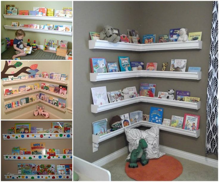 there are many shelves with books on them and stuffed animals in the corner next to each other