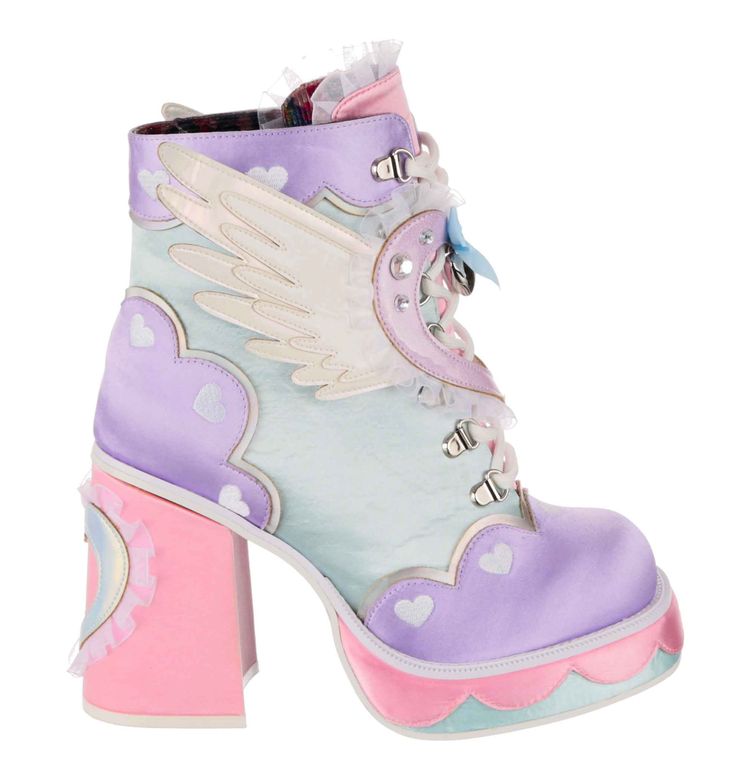 Flutter your wings like you just don't care! Pastel kawaii platform boots covered in frills and hearts in a shiny silk-like fabric in light pink, lilac and baby blue that are so sweet that you'll want to wear them all the time. Lace up into your pastel goth era in these adorable chunky ankle boots, complete with a winged heart! 10.5cm high heel 3cm platform height Ankle boots Lace up Fully lined Cushioned insole Heart Platforms, Pink Ankle Boots, Irregular Choice Shoes, Pastel Kawaii, Chunky Ankle Boots, Pink High Heels, Irregular Choice, Muck Boots, Pink Lilac