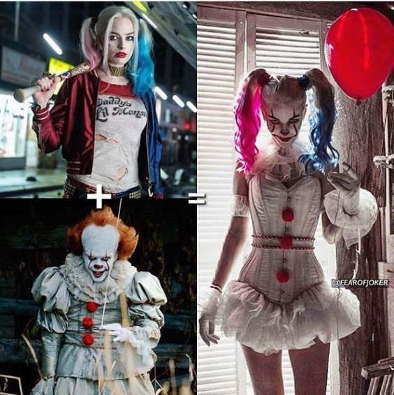 two photos, one with clown makeup and the other with creepy hair in different outfits