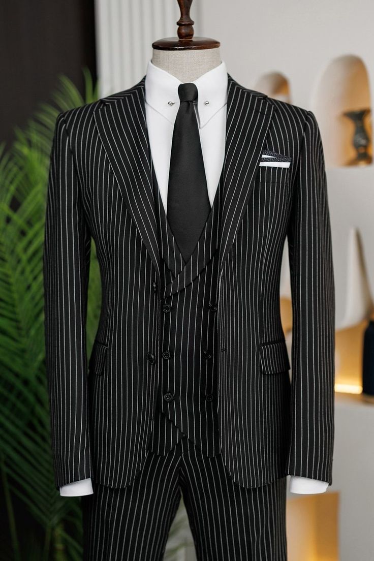 Black Suit With Stripes Men, Stripe Suits For Men, Striped Suits Men, 3 Piece Suit Men, Bow Tie Suit, Modern Fit Suit, Suit Stores, Black Suit Men, Suit Styles