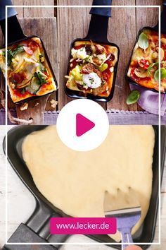 the video shows how to make pizzas in pans with different toppings and ingredients