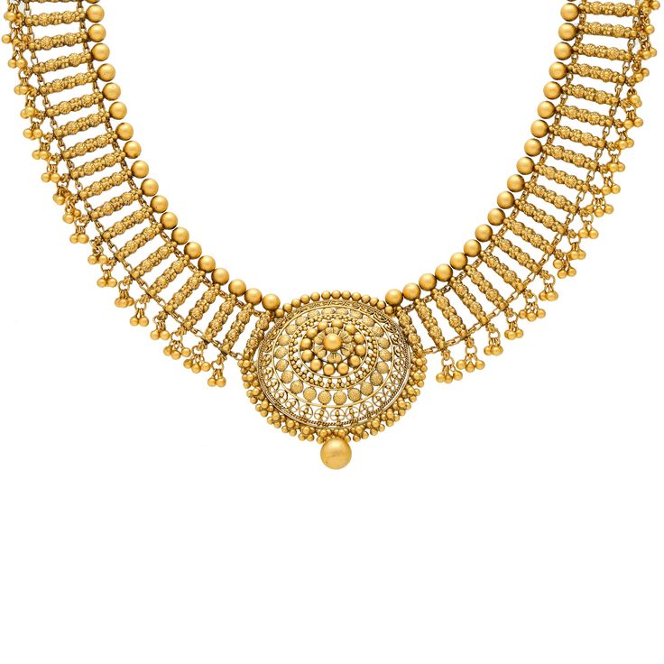 The ladylike structure of this 22k gold antique jewelry sets makes this necklace and earring combination the perfect accompaniment for bridal gowns and traditional Indian dress. The lush beading and cultural design of this gold necklace and matching earrings is one that any woman would love to adorn herself with. Features • 22k yellow gold • Antique finish • Beaded details As a leading gold Indian jewelry store in the USA, we are proud to offer a wide selection of beautiful Indian gold jewelry, Traditional Temple Necklace With Intricate Design For Reception, 22k Gold Bridal Necklace With Zari Chandbali, 22k Gold Chandbali Bridal Necklace With Zari Work, Traditional 22k Gold Necklaces For Receptions, 22k Gold Temple Jewelry Bridal Necklace For Reception, 22k Gold Bridal Necklace With Intricate Design For Reception, Gold Temple Necklace For Diwali Reception, Traditional Yellow Gold Filigree Bridal Necklace, 22k Gold Necklaces With Intricate Design For Reception