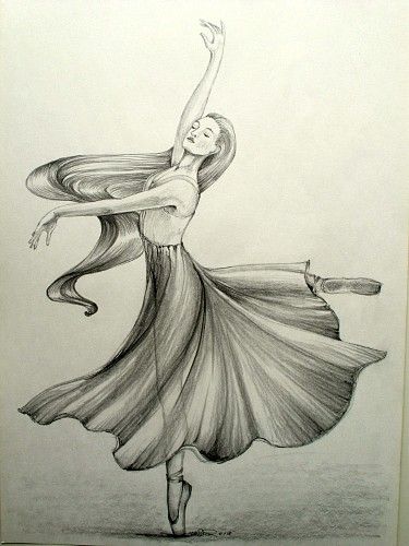 a pencil drawing of a woman dancing with her arms in the air and one arm extended