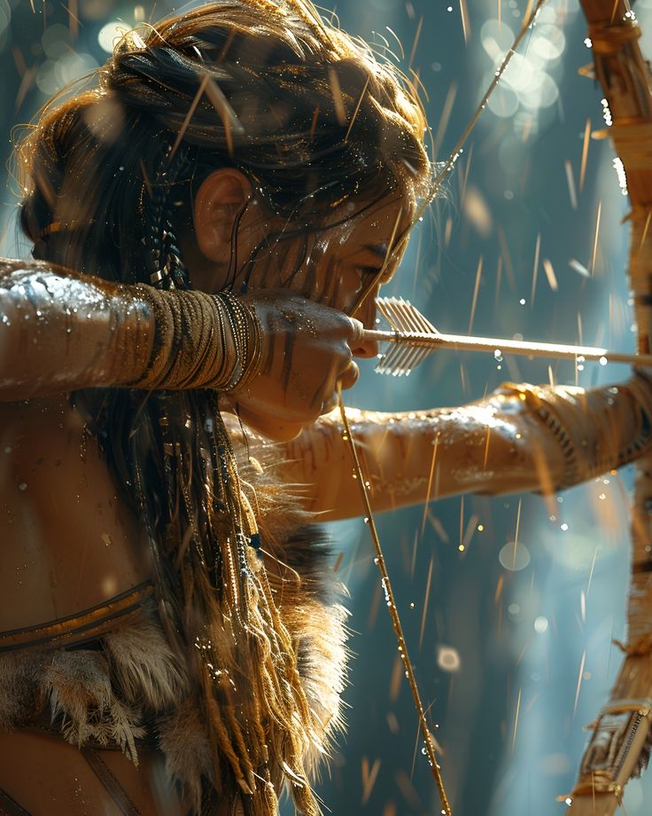 an image of a woman with bow and arrow in the rain, shooting at something