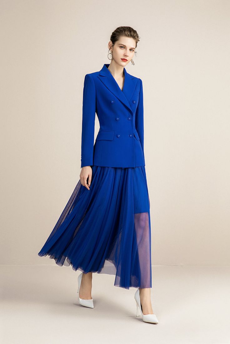 Royal Blue V-neck With Pleated Skirt Blazer Skirt Suits Peak lapels; front button blazer V-Neck, Long sleeves; button cuffs. Structured shoulders. Chest welt pockets. Pleated Skirt V-Neck, Long sleeves; buttons Structured shoulders. Chest welt pockets. Hip flap pockets Polyester 100% Imported Brand - Aision Model Number - 213149C1+S2 Blazer With Skirt, Royal Blue Coat, Formal Suits For Women, Blue Blazer Outfit, Royal Blue Jacket, Pleated Blazer, Dresses Business, Plaid Bodycon Dress, Women Suits Wedding