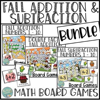 the fall addition and subtraction bundle for numbers 1 - 10 with matching pictures