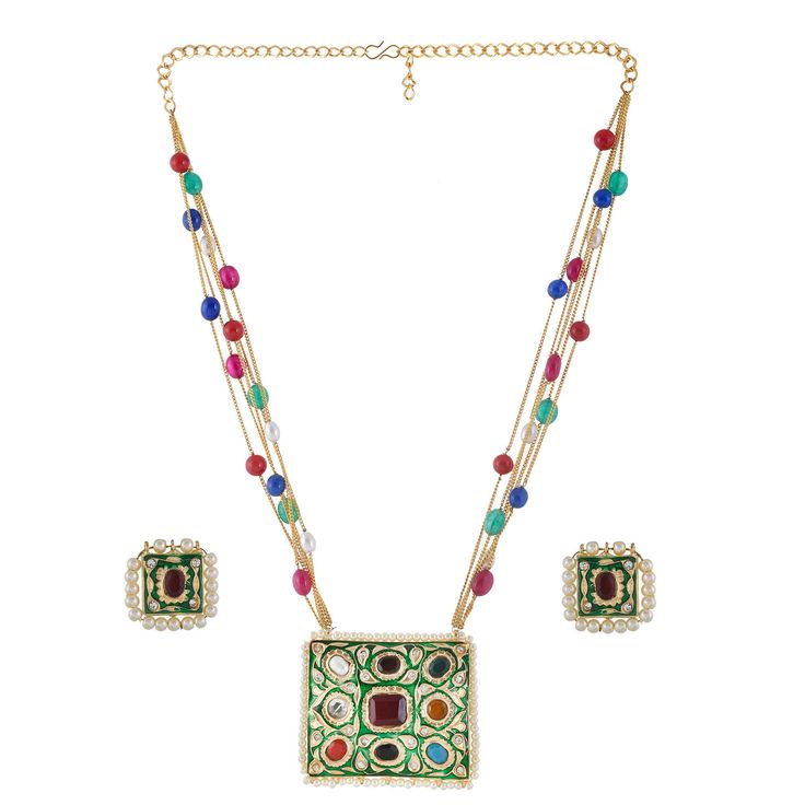 Classic navaratan necklace, which is made of nine gemstone, totally hand made  Ruby, pearl, turquoise , coral, cz, emerald, granite, black onyx, blue sapphire !! Pendent is rectangular shape and has a length  of 2.5 inches total length of necklace is 20 inches, which has ADJUSTABLE chain (22k gold platted ) Necklace has a sassy taste, gives you a royal and classic look, perfect for every women. Made by Ray fineornates Jewellery from India  - for your every type of occasion and mood! ✔ HIGH QUALI Multicolor Gemstone Temple Jewelry Sets, Multicolor Gemstone Jewelry For Diwali, Multicolor Temple Jewelry Pendant Set, Traditional Pearl Gemstone Necklace For Celebrations, Multicolor Kundan Necklace With Gemstones, Traditional Gemstone Pearl Necklace For Celebration, Multicolor Kundan Temple Necklace With Gemstones, Traditional Multi-stone Kundan Necklace Gift, Traditional Multi-stone Bridal Necklace As Gift