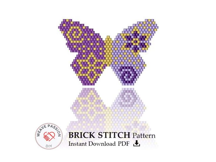 two cross stitch butterfly patterns are shown in purple, yellow and white colors on a white background