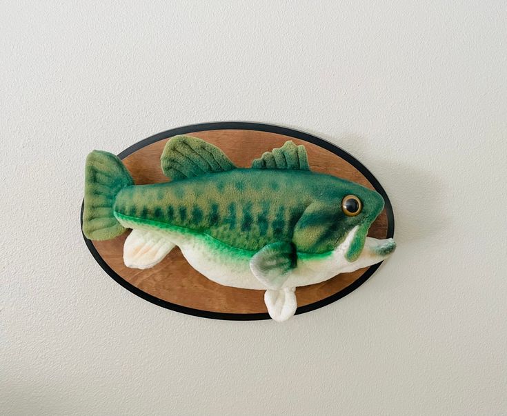 a green fish mounted to the side of a wall