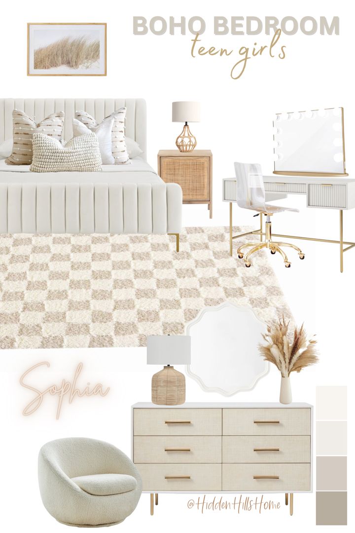 Boho girls bedroom decor mood board with a neutral color scheme! Cute bedroom decor ideas for teen girls room Modern Girls Room Ideas, Nutral Girls Bedroom Ideas, Cute Rooms Teen Girl, Youth Girls Bedroom Ideas, Neutral Boho Bedroom Decorating Ideas, Girls Bohemian Bedroom Ideas, White And Gold Boho Bedroom, Neutral Bed Styling, Pb Teen Girls Bedroom