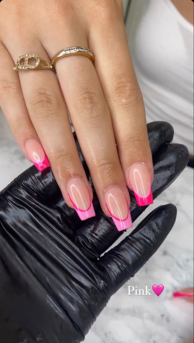 Pink French Tip Nails Coffin Short, Bright Pink French Tip Nails Coffin, Colourful French Tip Nails Square, Fun Nails Square, Square Pink Nails Ideas, Festival Nails Square, French Tip Nail Shapes, Neon Pink French Nails, Hot Pink Nails With Design Summer