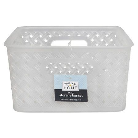 a plastic storage basket with handles on the front and bottom, for storing items or other things