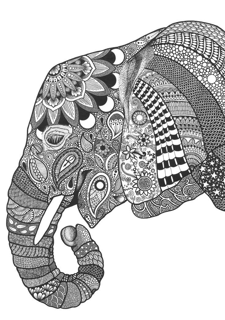 an elephant with intricate patterns on it's body is shown in black and white