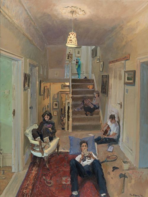 a painting of people sitting in a living room with stairs leading up to the second floor