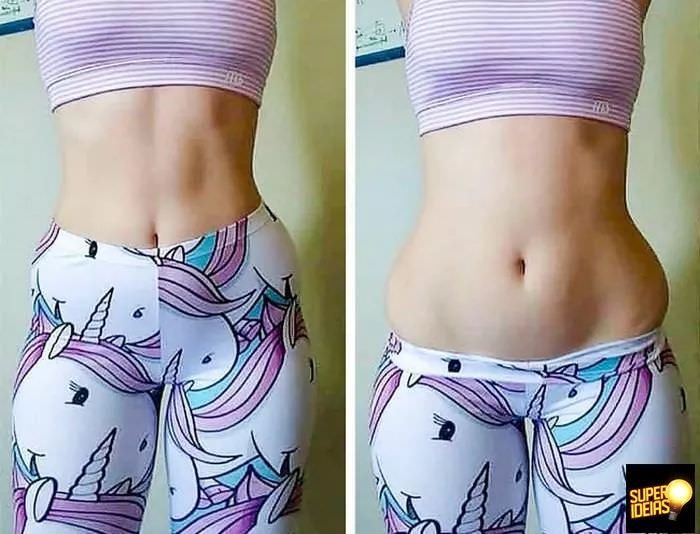 two pictures of a woman's stomach and the bottom half of her pants with an image of a unicorn on it