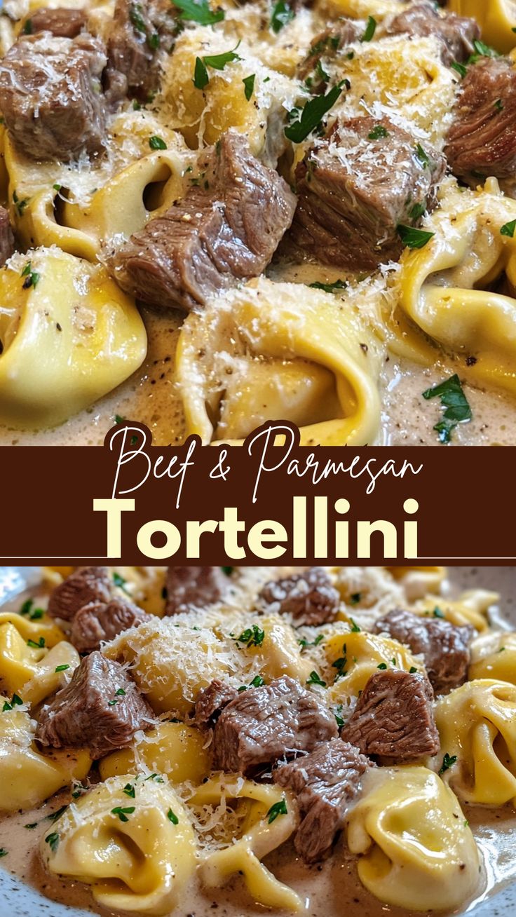 Beef & Parmesan Tortellini One Pot Garlic Parmesan Steak And Tortellini, Cheese Steak Tortellini Pasta, Beef Tortellini Alfredo Recipes, Easy Dinner Ideas For 3, Dinner Ideas Family Main Dishes, Things To Do With Steak Meat, Healthy Beef Dishes For Dinner, Beef And Parmesan Tortellini, Quick Dinner Ideas Beef