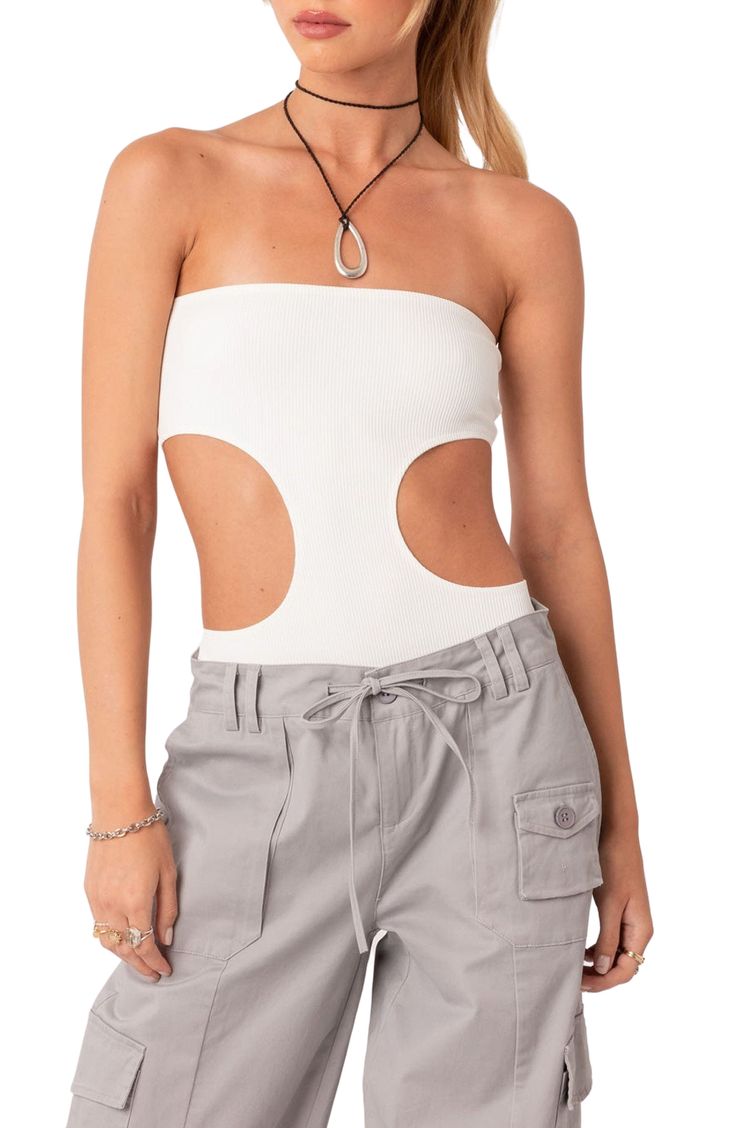 Edgy cutouts enliven this shoulder-baring bodysuit crafted with fine allover ribbing. Strapless 95% polyester, 5% spandex Machine wash, dry flat Imported Space Research, Ribbed Bodysuit, Cami Tanks, Festival Outfits, Nordstrom, Womens Tops, I Want, Size Medium, Spandex