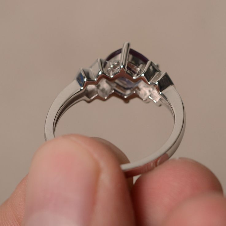 This is a gorgeous handmade creation. Its beauty is its simplicity & Elegance. The 7*7mm cushion cut lab Alexandrite is crafted in solid sterling silver and with rhodium plated. It is available to customized, if you have any mind, just let me know, we will discuss with it. All item is sent in a beautiful gift box You can realize more lovely stuff clicking the link https://www.etsy.com/shop/knightjewelry?refshopsection_shophome_leftnav Please leave the correct address and you PHONE NUMBER for Asscher Cut Gemstone Ring In 14k White Gold, Elegant Silver Asscher Cut Birthstone Ring, Sterling Silver Cushion Cut Halo Ring Fine Jewelry, Sterling Silver Cushion Cut Halo Ring, Asscher Cut Topaz Ring In Sterling Silver, Elegant Sterling Silver Cushion Cut Topaz Ring, Heart Cut Sapphire Ring With Diamond In Silver, Heart Cut Diamond Sapphire Ring In Silver, White Gold Topaz Ring With Halo Setting, Cushion Cut