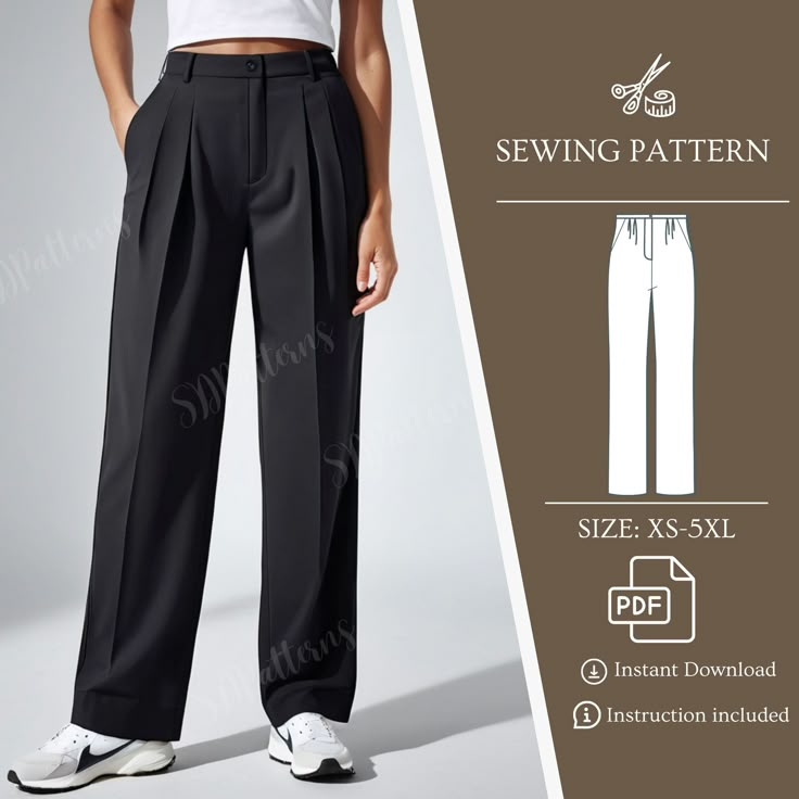 women's pants sewing pattern size xs - xxl with pleated waist