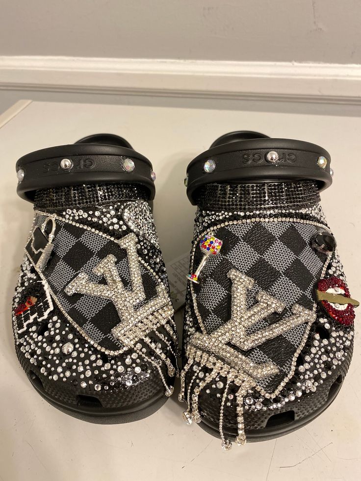 Made to Order Black Custom Crocs, Leopard Crocs With Charms, Bedazzled Crocs Shoes Black, Blinged Out Black Crocs, Camo Bling Crocs, Designer Crocs, Crocs Slides, Bedazzled Shoes Diy, Cute Womens Shoes