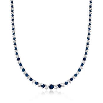 Ross-Simons - 8.75ct t.w. Sapphire, 1.50ct t.w. Diamond Tennis Necklace. 18". Indulge in the luxury of sapphires and diamonds at an affordable price! This magnificent tennis necklace features 8.75 ct. t.w. round sapphires illuminated by 1.50 ct. t.w. round brilliant-cut diamonds in polished sterling silver. Graduates from 1/16" to 3/16" wide. Single-latch safety. Push-button clasp, diamond and sapphire tennis necklace. Diamond birthstones are the perfect gift for April birthdays. Sapphire Necklace With Brilliant Round Cut, Luxury Sapphire Necklace With Brilliant Cut, Formal Blue Necklaces With Single Cut Diamonds, Classic Sapphire Diamond Necklace With Brilliant Cut, Formal Sapphire Necklace With Single Cut Diamonds, Formal Sapphire Diamond Necklace In Fine Jewelry Style, Classic Sapphire Diamond Necklace For Formal Occasions, Sapphire Diamond Necklace For Formal Occasions, Classic Sapphire Necklace For Formal Occasions