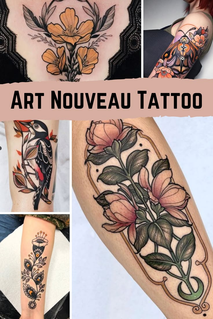 some tattoos that have flowers on them and birds in the background with text overlay