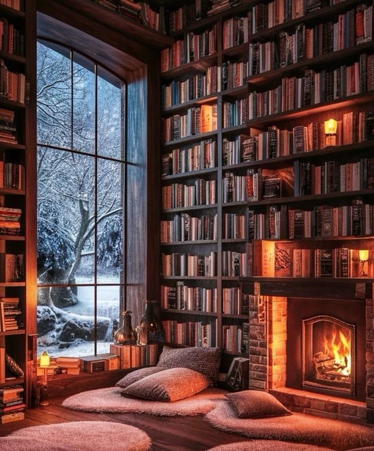 a room filled with lots of books and a fire place next to a large window