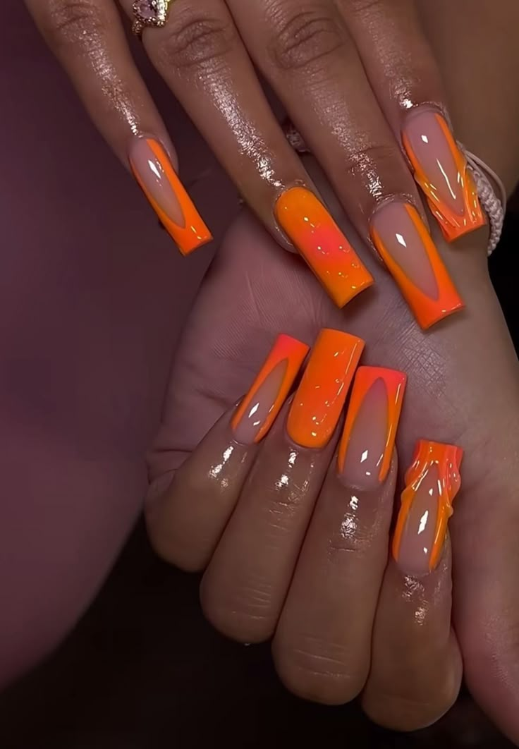 Long Orange Acrylic Nails, Cute Nails Orange, Birth Nails, Medium Nail Ideas, Orange Nails Design, Colored French Nails, Ambre Nails, Fall Press On Nails, Nail Set Ideas