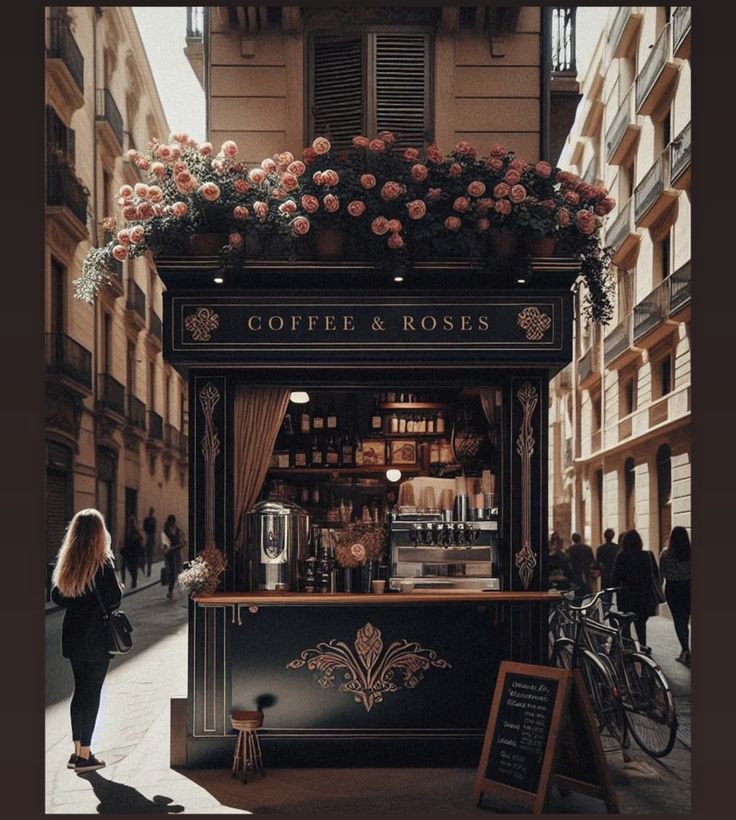 a woman standing in front of a coffee and roses stand