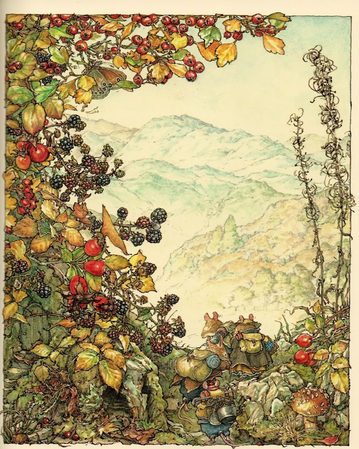 an illustration of a mountain scene with berries and leaves in the foreground, surrounded by mountains