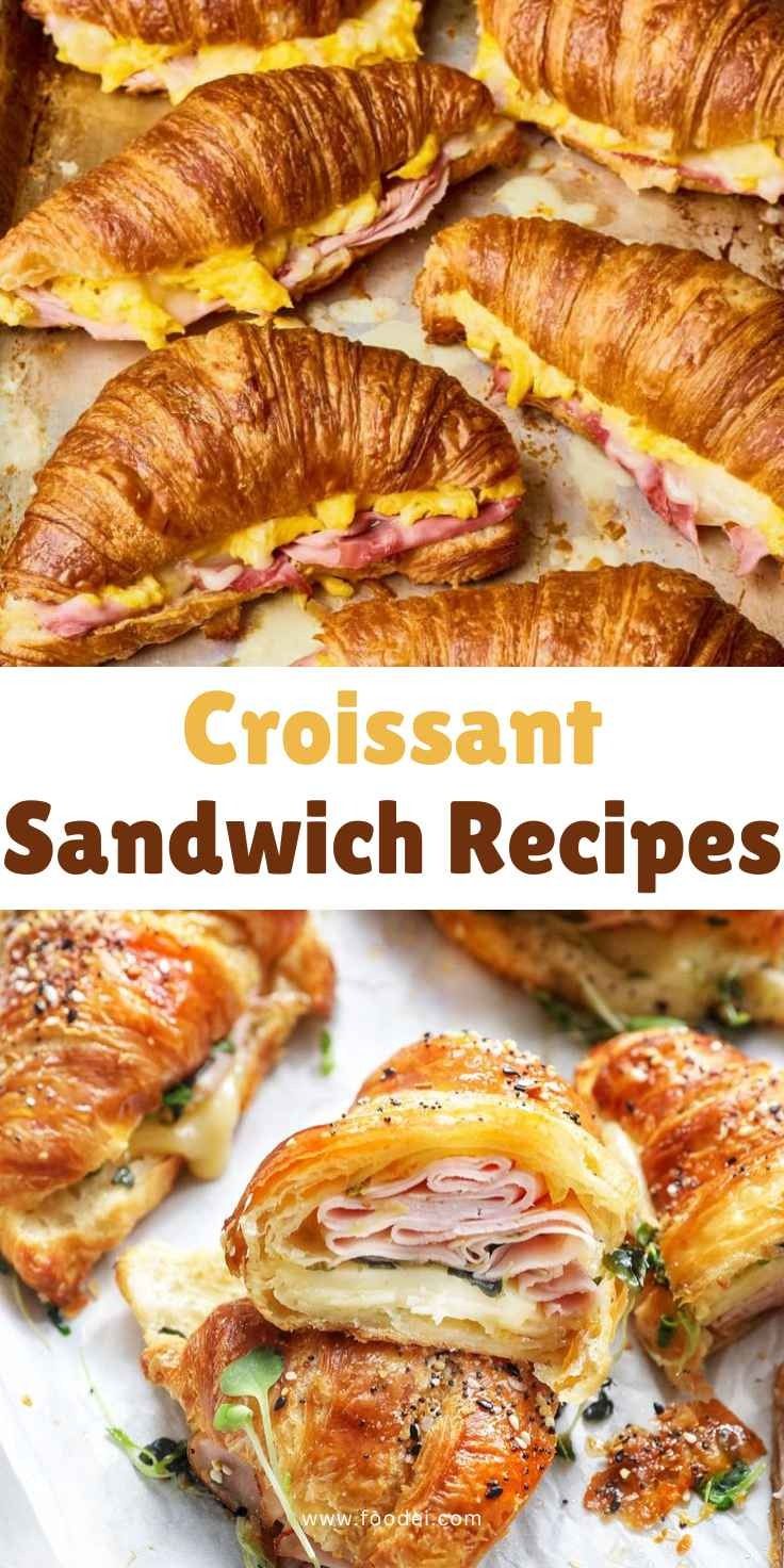 croissant sandwiches with ham and cheese on them are shown in this collage