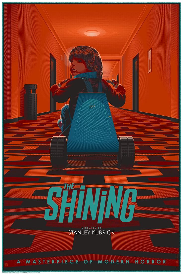 a movie poster for the shining featuring a child in a toy car on a red and black checkered floor