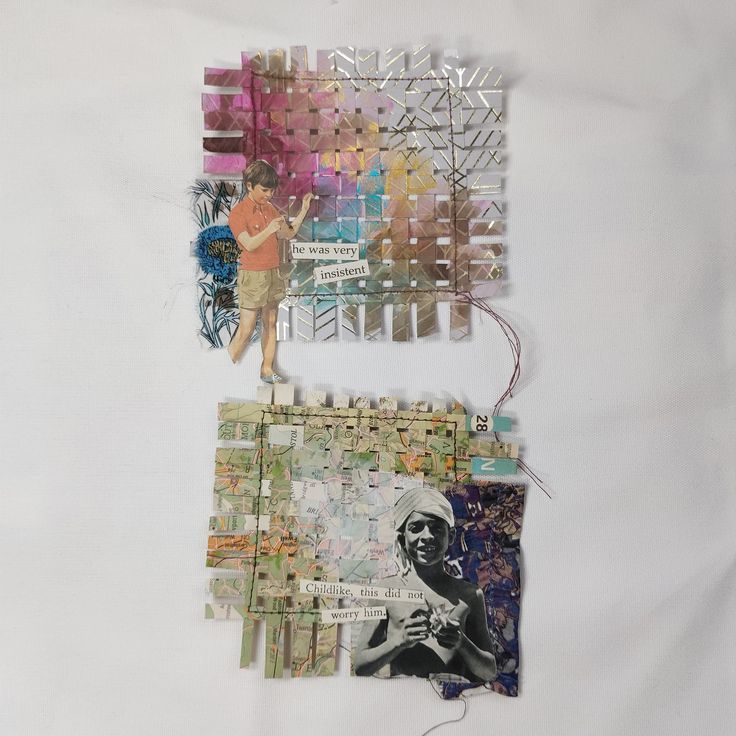 altered collages are displayed on a white surface