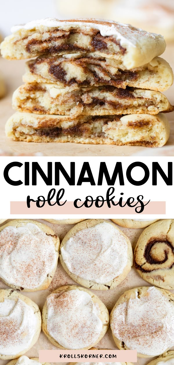 cinnamon roll cookies stacked on top of each other with the words cinnamon roll cookies above them