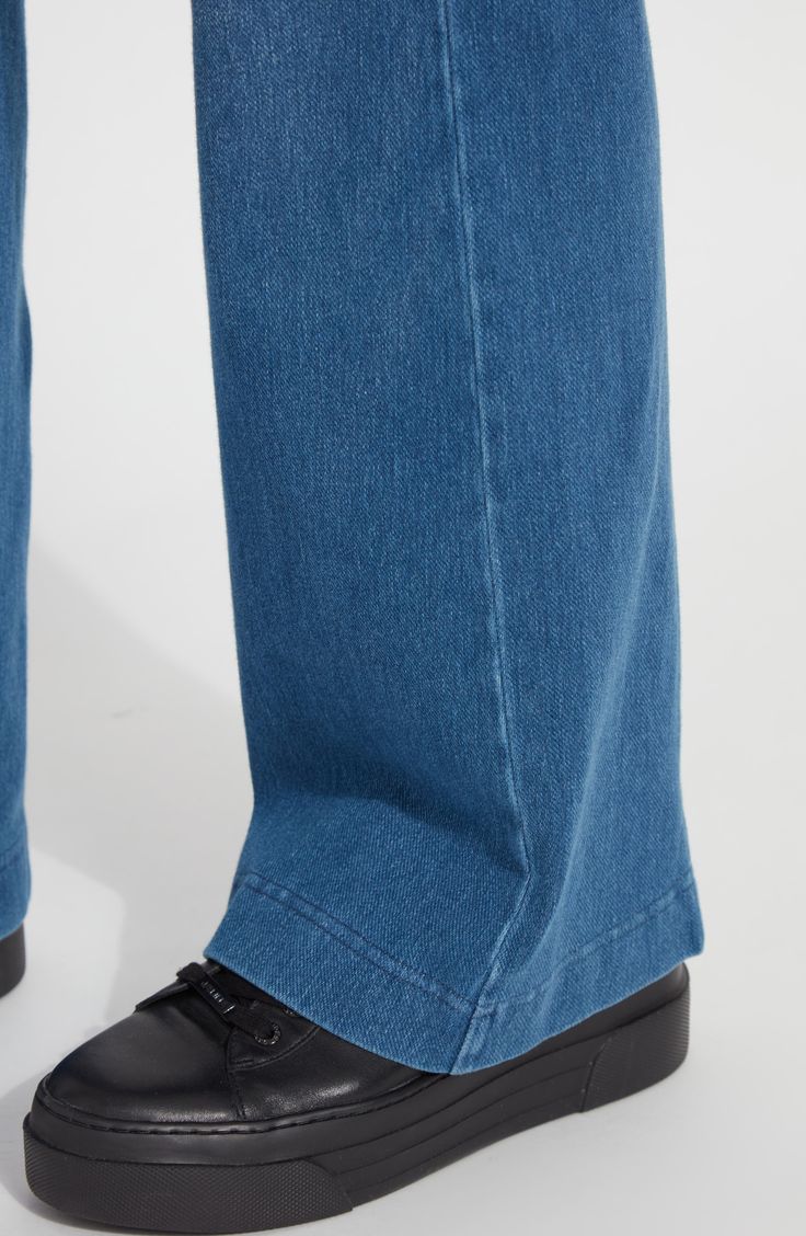 Slimming lines and a comfortable high waist create a streamlined look in wide-leg trousers cut from stretch-cotton denim. 33" inseam; 10" leg opening; 10 1/2" front rise; 13 1/2" back rise Pull-on style
 Decorative back welt pockets 95% cotton, 5% spandex Machine wash, line dry Imported Hosiery Relaxed Fit Dark Wash Wide Leg Pants, Dark Wash Relaxed Fit Wide Leg Pants, Dark Wash Wide Leg Pants For Work, Medium Wash Full Length Wide Leg Work Pants, Relaxed Fit Denim Blue Flare Jeans For Work, Relaxed Fit Wide Leg Denim Pants, Modern Relaxed Fit Denim Flare Jeans, Medium Wash Full Length Wide Leg Pants For Work, Denim Wide Leg Pants For Work