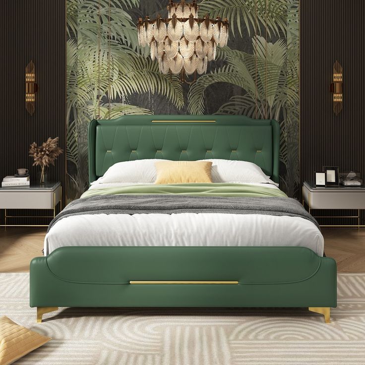 Queen Size Leather Bed frame with Wingback Headboard & Footboard, PU Upholstered Platform bed.This PU leather bed frame decorates the golden metal ornament, available in green, gray and black, which creates a luxury and stylish appeal. The geometric shapes on the headboard also showcase the aesthetics and sophistication. This platform bed has a low floor base but still leaves 4 inches underbed for easy sweeping. Furthermore, the bed is equipped with a footboard which also decorates the golden me Green Leather Bed, Leather Upholstered Bed, Leather Platform Bed, Leather Bed Frame, Tufted Design, Bed Legs, Wingback Headboard, King Size Bed Frame, Material Bed