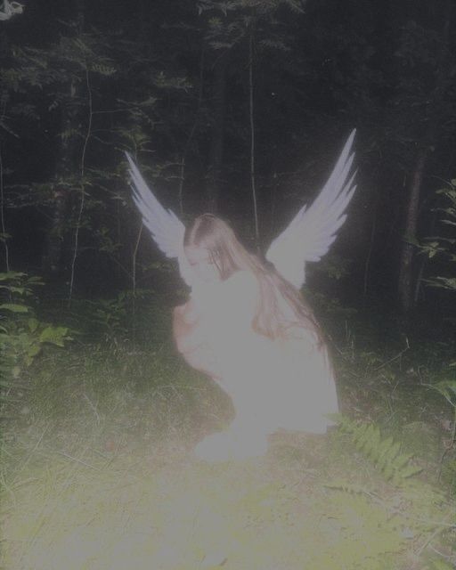 an angel is standing in the woods at night