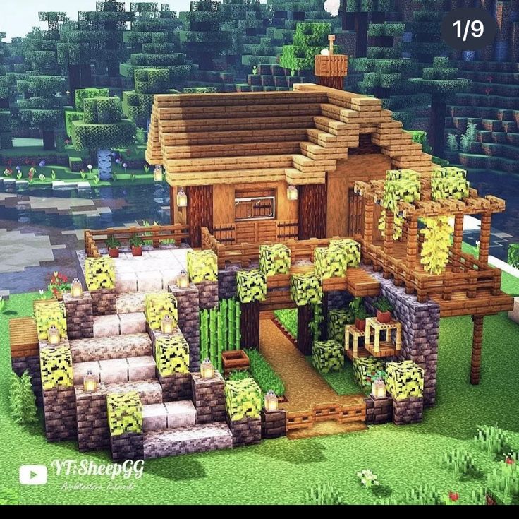 an image of a house made out of wood and plants in the middle of a field