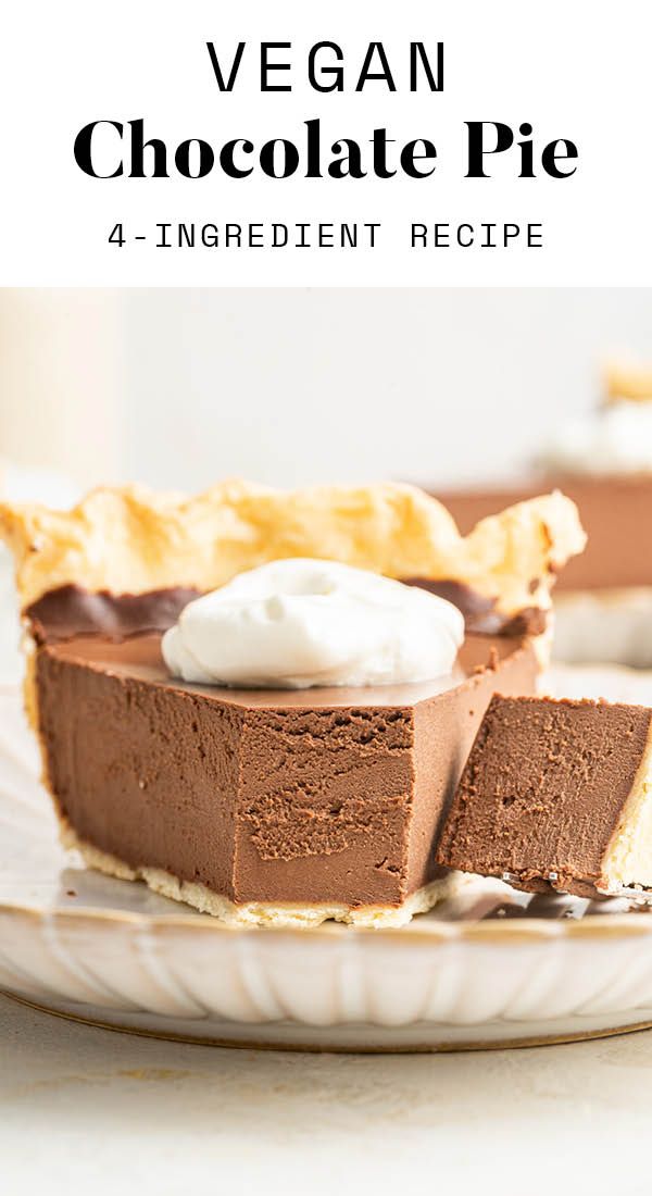 a slice of vegan chocolate pie on a white plate with the title overlay