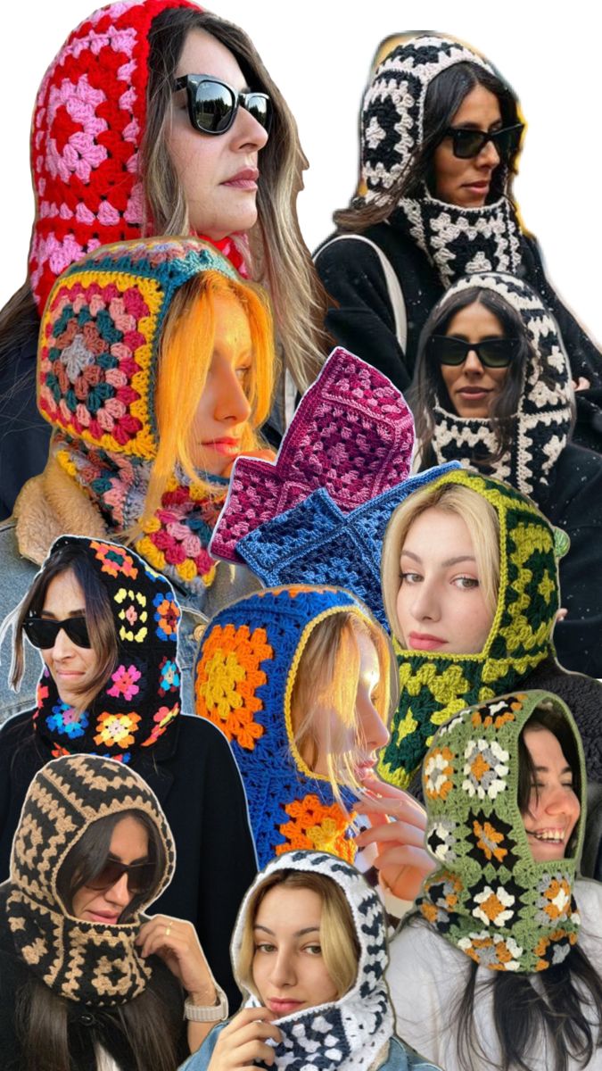 a collage of women wearing knitted hats and scarves with flowers on them