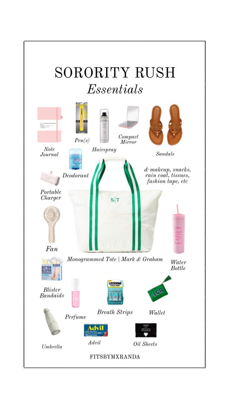 the contents of a tote bag are labeled in green and white, along with other items