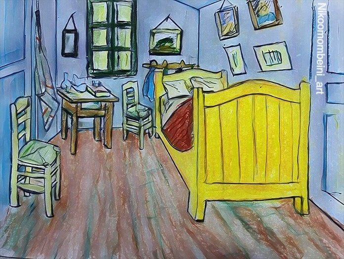 a drawing of a bedroom with blue walls and wooden floors, yellow bed in the foreground