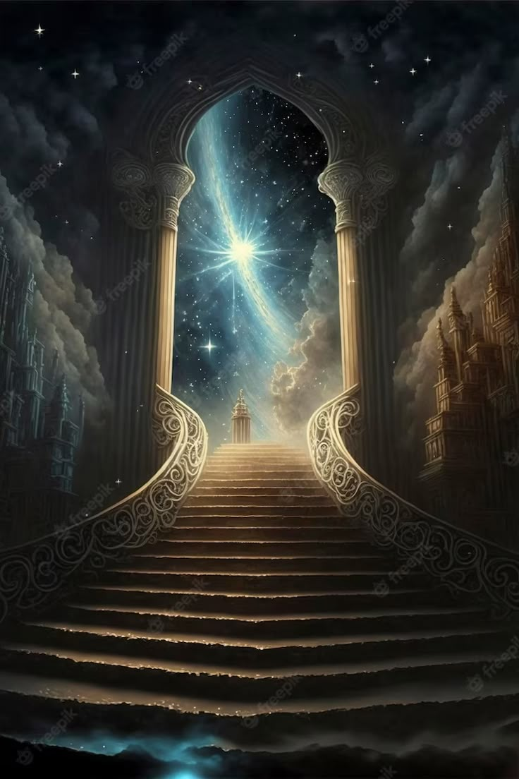 stairs leading up to an open door into the sky with stars and clouds in it